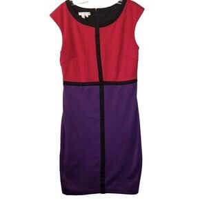 London Times Dress Womens Size 8 Colorblock Red Purple Black Trim Stretch